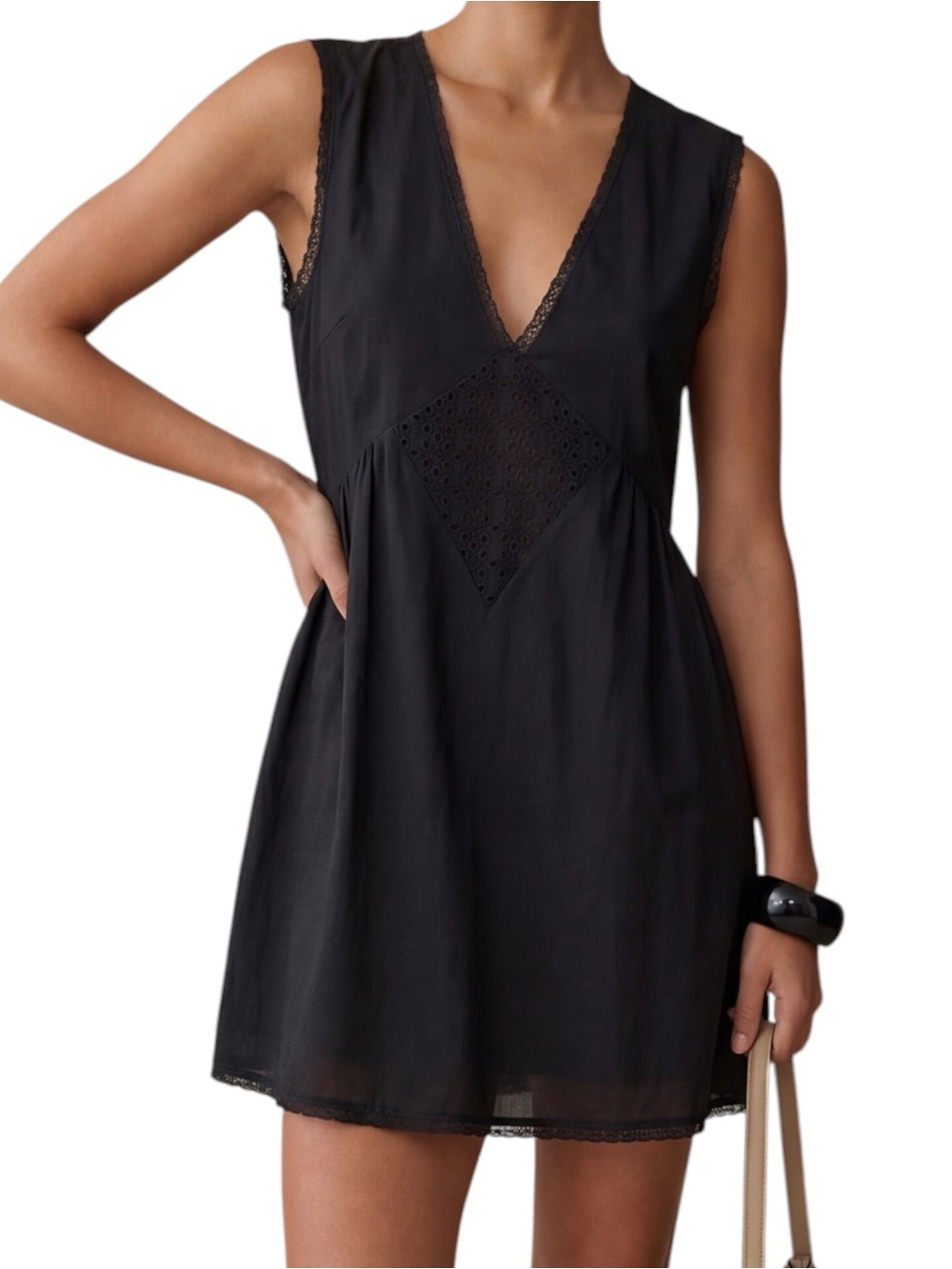 Black V-Neck Mini Dress with Lace Insets